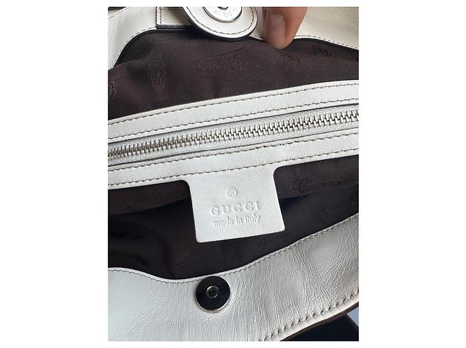Borsa tote Gucci in tela monogram beige e pelle bianca Marrone Bianco - vista 14