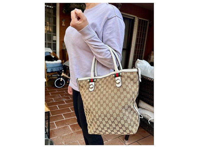 Borsa tote Gucci in tela monogram beige e pelle bianca Marrone Bianco - vista 16