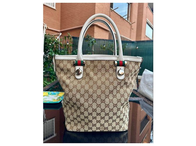 Borsa tote Gucci in tela monogram beige e pelle bianca Marrone Bianco - vista 2