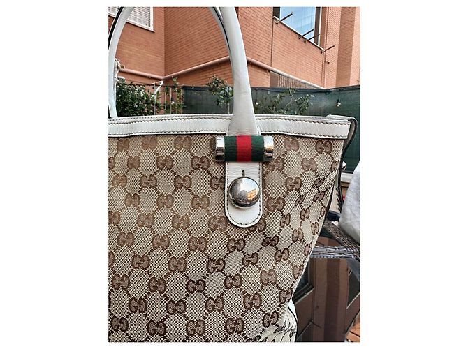 Borsa tote Gucci in tela monogram beige e pelle bianca Marrone Bianco - vista 3