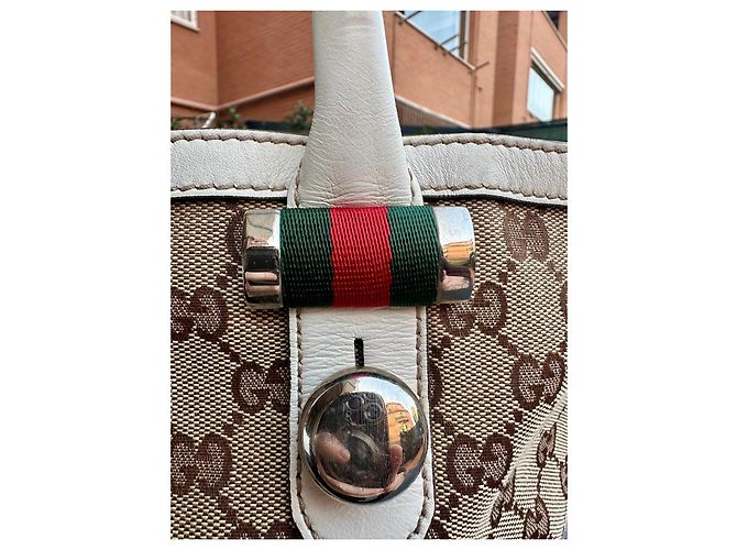 Borsa tote Gucci in tela monogram beige e pelle bianca Marrone Bianco - vista 4