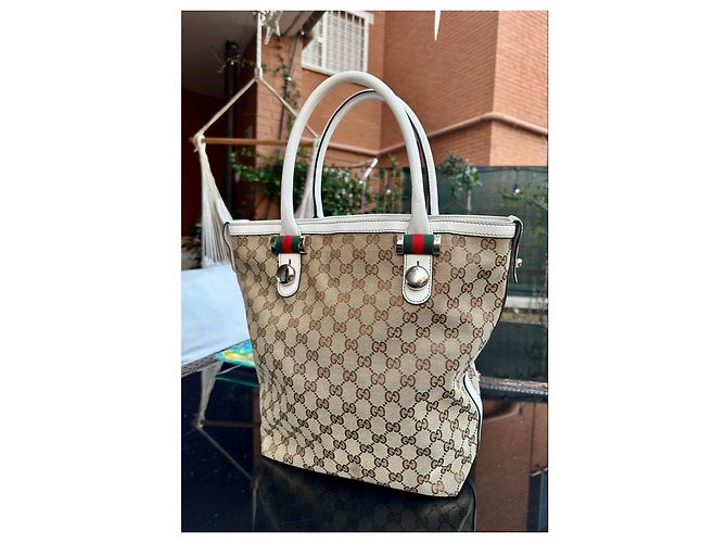 Borsa tote Gucci in tela monogram beige e pelle bianca Marrone Bianco - vista 5