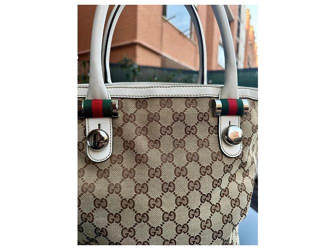 Borsa tote Gucci in tela monogram beige e pelle bianca Marrone Bianco - vista 6