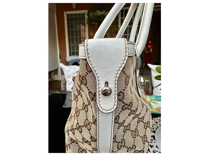 Borsa tote Gucci in tela monogram beige e pelle bianca Marrone Bianco - vista 7