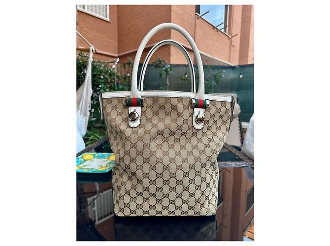 Borsa tote Gucci in tela monogram beige e pelle bianca Marrone Bianco - vista 8