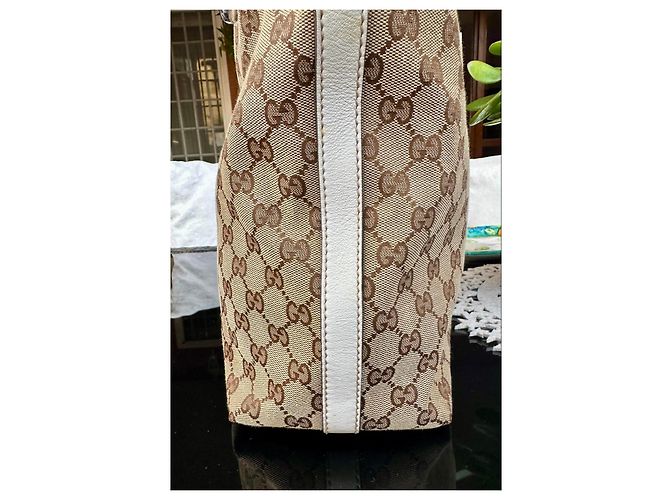 Borsa tote Gucci in tela monogram beige e pelle bianca Marrone Bianco - vista 9