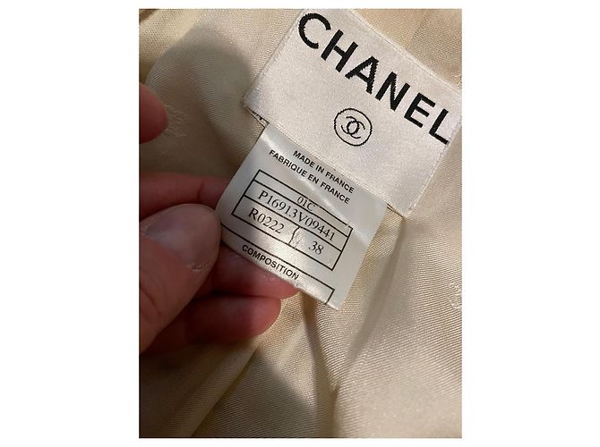 Gestreifte Chanel-Jacke mit Kamelie Schwarz Beige - Ansicht 10