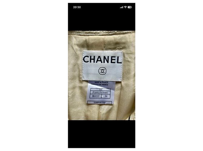 Gestreifte Chanel-Jacke mit Kamelie Schwarz Beige - Ansicht 3