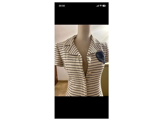 Gestreifte Chanel-Jacke mit Kamelie Schwarz Beige - Ansicht 6