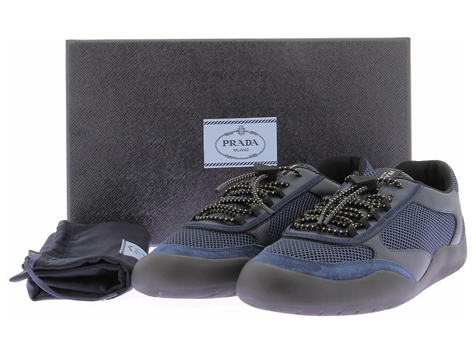 Prada Sneakers "Speedrock" blu navy e nere in pelle e mesh - vista 8