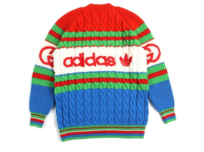 Suéter de lana de punto Gucci×adidas con patrón G entrelazado y línea Web Roja Azul Verde Crudo - vista 2