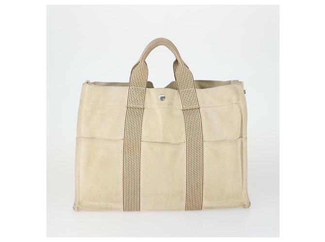 Hermès HERMES Borsa Fourre Tout in Tela 3 Pezzi Beige Marrone Nero Auth ti3717 - vista 2
