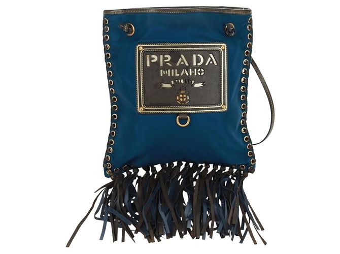 Borsa a Spalla PRADA Nylon Blu Oro Auth 171065V D'oro - vista 13