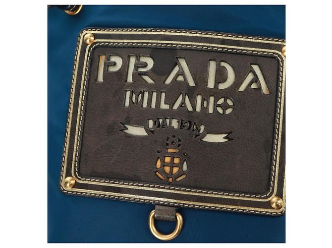 Borsa a Spalla PRADA Nylon Blu Oro Auth 171065V D'oro - vista 21