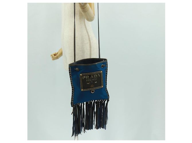 Borsa a Spalla PRADA Nylon Blu Oro Auth 171065V D'oro - vista 26
