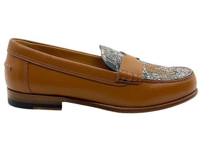 Hermès Hellbraune Leder Kennedy Slipper mit Leopardenmuster-Vamp - Ansicht 2
