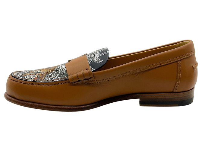 Hermès Hellbraune Leder Kennedy Slipper mit Leopardenmuster-Vamp - Ansicht 3