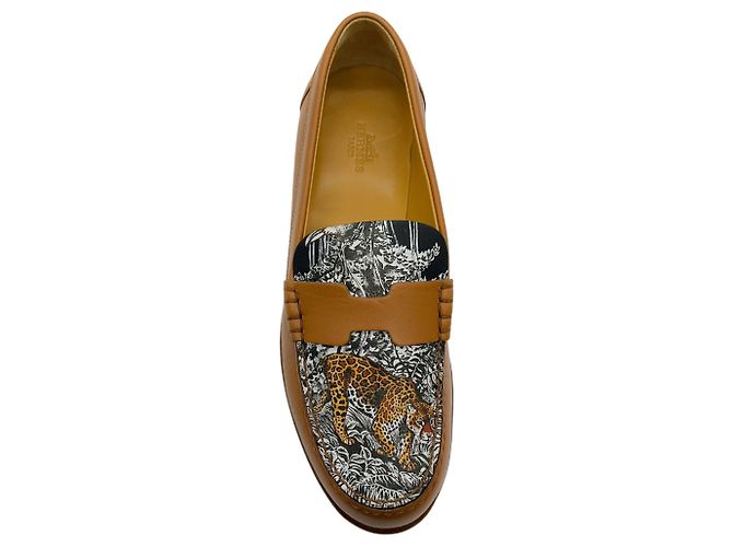 Hermès Hellbraune Leder Kennedy Slipper mit Leopardenmuster-Vamp - Ansicht 4