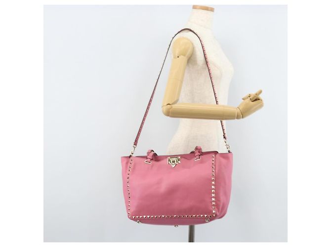 Borsa Tote Valentino Studs in pelle 2 in 1 rosa oro Auth BA10650 D'oro - vista 25