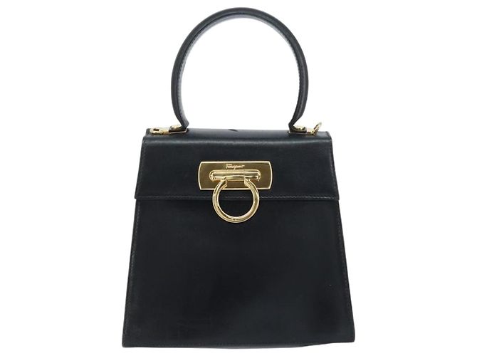 Bolso de mano Gancini de cuero negro y dorado Auth 173237 de Salvatore Ferragamo - vista 13