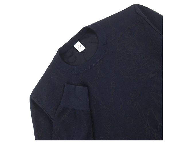 Autre Marque Berluti Calligraphy Knit Wollpullover mit Rundhalsausschnitt Blau Marineblau - Ansicht 2