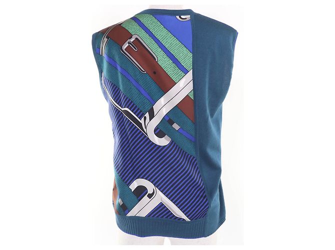 Hermès Top de punto de seda Hermes Azul Verde - vista 3