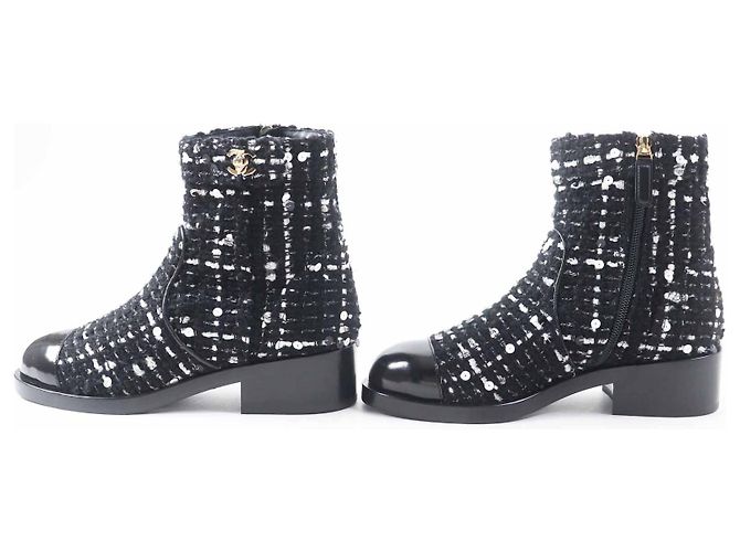 Timeless Botines cortos de tweed con cierre Turnlock COCO de Chanel Negro Blanco Dorado - vista 3