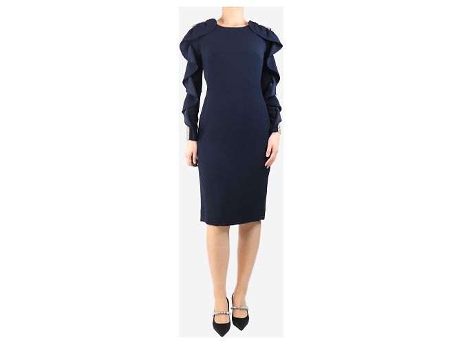 Jenny Packham Navyblaue Rüschenshirt-Midi-Kleid - Größe UK 10 Marineblau - Ansicht 3
