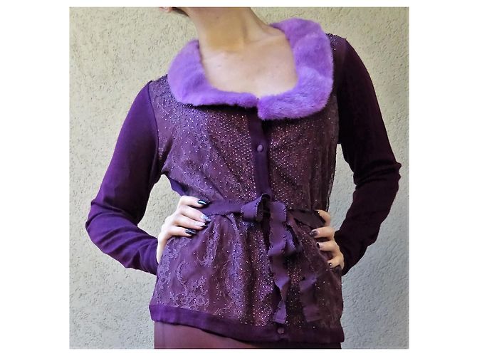 BLUMARINE Chic Cardigan MIT MINK! Größe 46IT Dunkelviolett - Ansicht 2