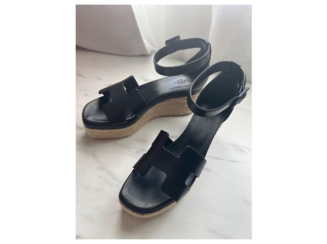 Sandali con zeppa Hermès Elda in pelle nera Nero - vista 2