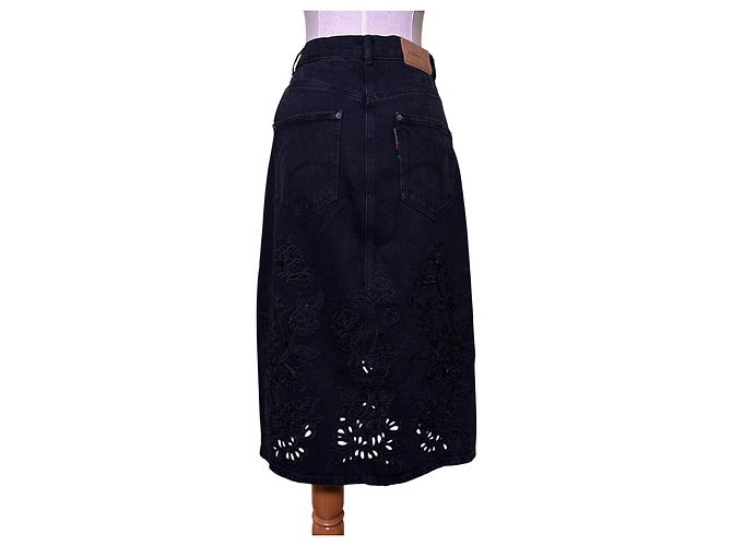 Farm Rio Schwarzer Denim Richelieu Midi Rock mit Schlitz - Ansicht 3