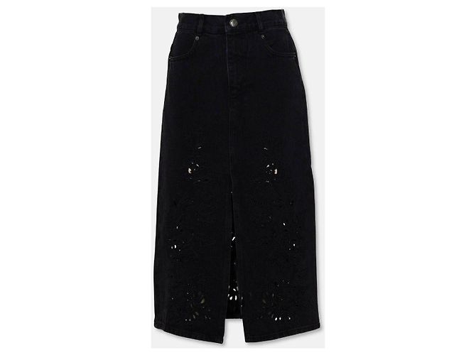 Farm Rio Schwarzer Denim Richelieu Midi Rock mit Schlitz - Ansicht 7