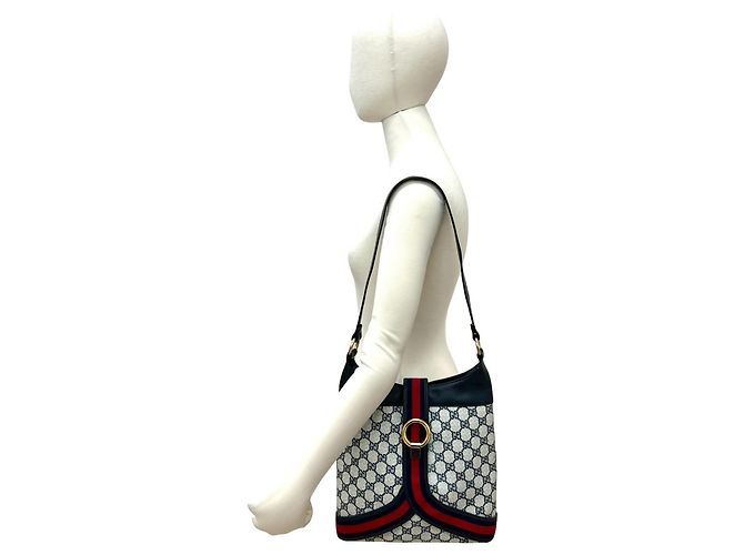 Borsa in pelle semi-a spalla Old Gucci Sherry Line Rosso Blu navy - vista 2