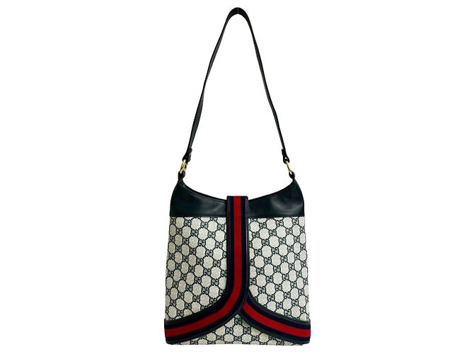 Borsa in pelle semi-a spalla Old Gucci Sherry Line Rosso Blu navy - vista 3