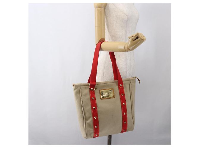 LOUIS VUITTON Antigua Cabas MM Tote Tasche Canvas Beige Rot M40035 LV Auth ka2556 - Ansicht 21