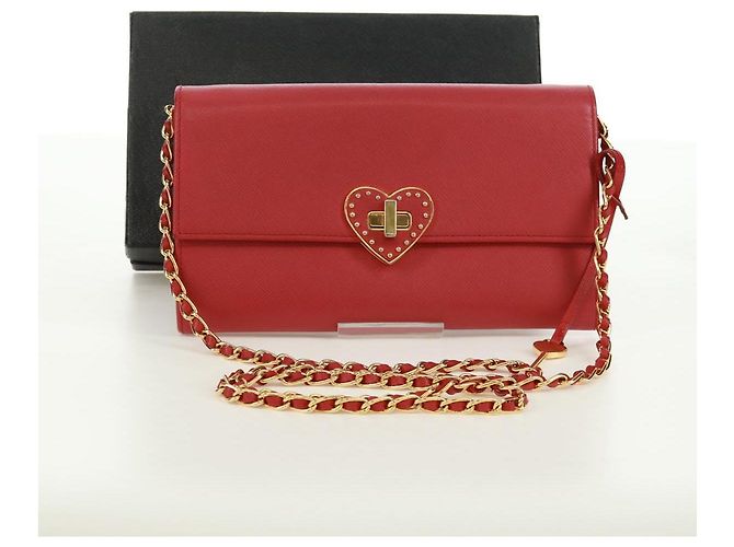 Saffiano PRADA Borsa a spalla con catena Portafoglio a spalla in pelle Safiano Rosso Oro Auth 168938V D'oro - vista 12