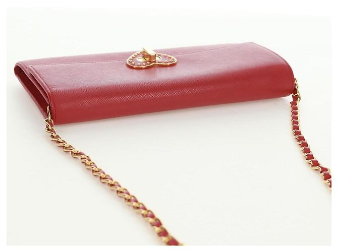 Saffiano PRADA Borsa a spalla con catena Portafoglio a spalla in pelle Safiano Rosso Oro Auth 168938V D'oro - vista 14