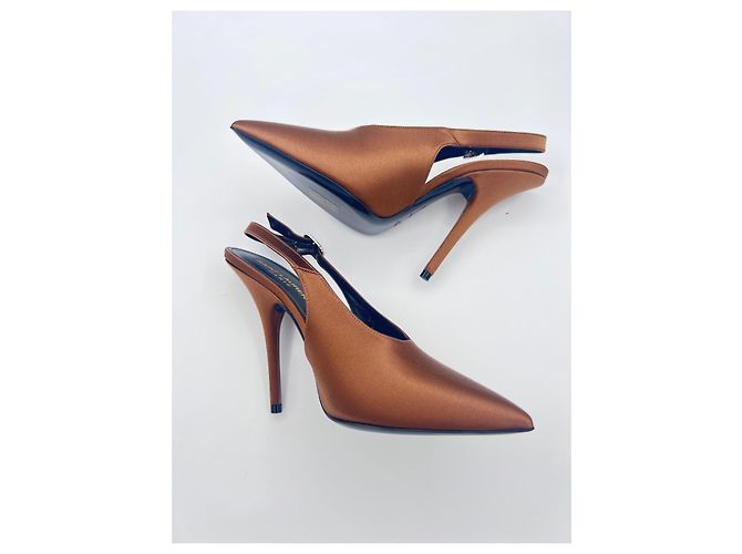 Décolleté Saint Laurent Yasmeen 115 in satin slingback Marrone - vista 11