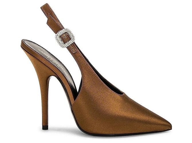 Décolleté Saint Laurent Yasmeen 115 in satin slingback Marrone - vista 2