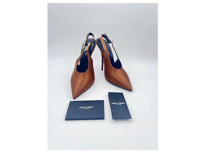 Décolleté Saint Laurent Yasmeen 115 in satin slingback Marrone - vista 5