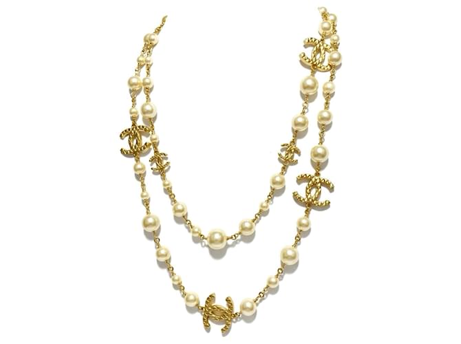 Timeless Collana in perle dorate con logo CC extra lunga 8 di Chanel 10A Shanghai Bianco Beige D'oro - vista 3