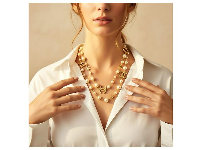 Timeless Collana in perle dorate con logo CC extra lunga 8 di Chanel 10A Shanghai Bianco Beige D'oro - vista 5