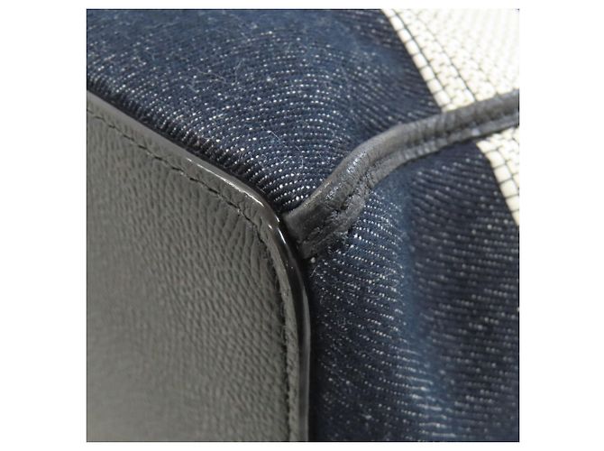 Valextra Border Tote Bag aus Canvas Schwarz Weiß Marineblau - Ansicht 18