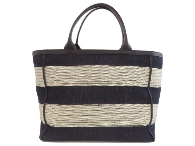 Valextra Border Tote Bag aus Canvas Schwarz Weiß Marineblau - Ansicht 2