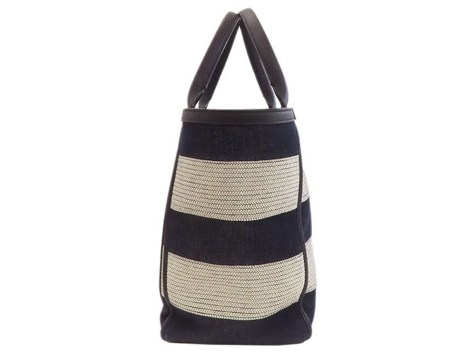 Valextra Border Tote Bag aus Canvas Schwarz Weiß Marineblau - Ansicht 3