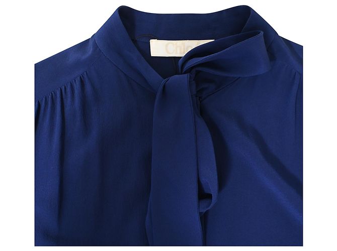Chloé Langarmbluse mit Schleife aus blauer Seide - Ansicht 4