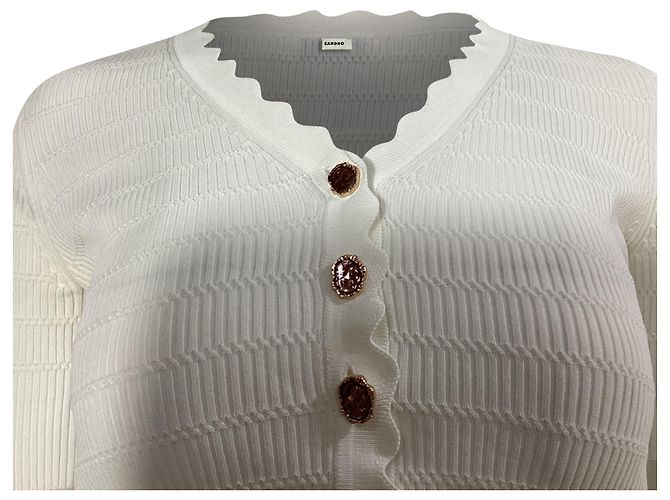 Cardigã de manga curta com bordas onduladas Sandro Cecil em viscose branca Branco Cru - vista 3