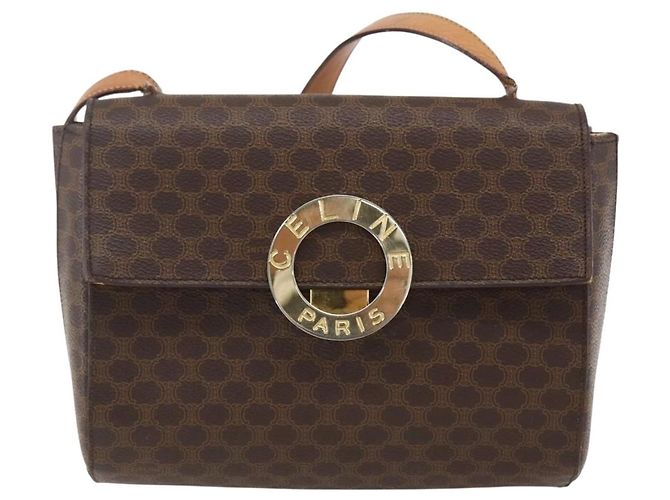 Céline Borsa a spalla circolare in tela Macadam CELINE in pelle PVC marrone e oro Auth fm5157 D'oro - vista 13