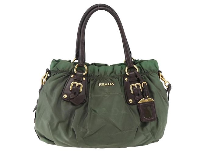 PRADA Borsa a Mano Nylon 2 vie Kaki Oro Auth 170942 D'oro Cachi - vista 13