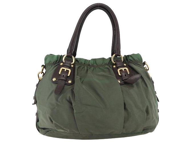 PRADA Borsa a Mano Nylon 2 vie Kaki Oro Auth 170942 D'oro Cachi - vista 2